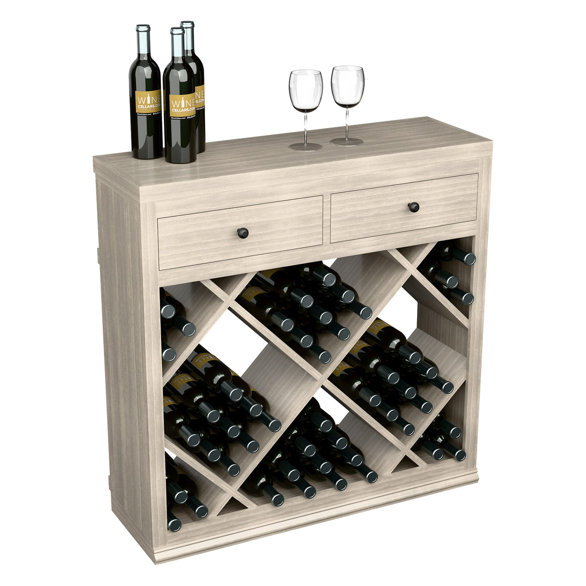 Half-height wine storage cabinet with drawers and diamond bottle rack, light gray wood, front view.