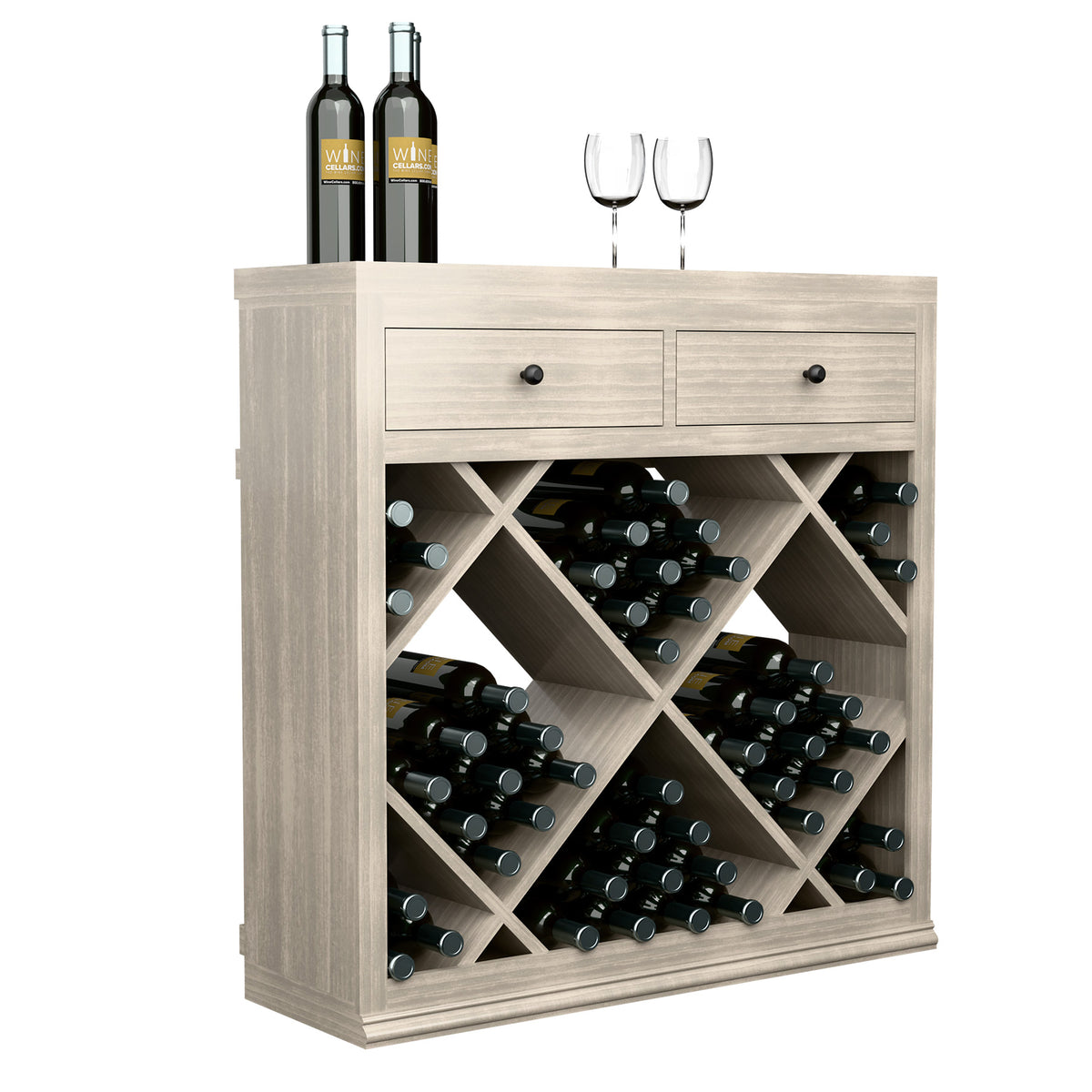 Half-height wine cabinet with drawers and crisscross diamond bottle holders, light gray wood.