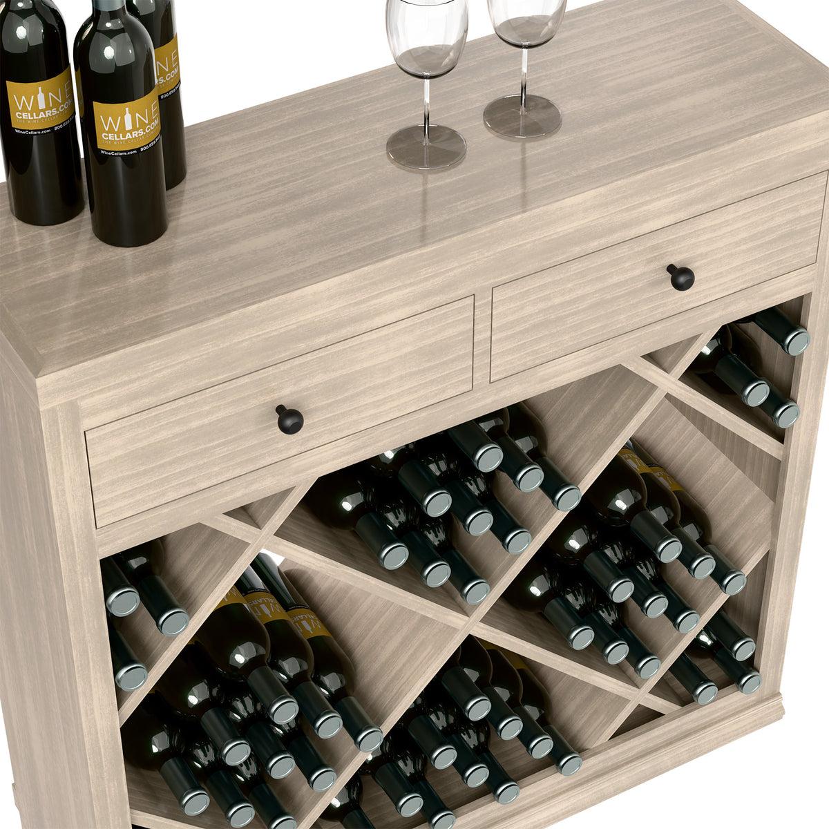 Close-up of light gray wood wine cabinet drawers and diamond bottle storage grid.
