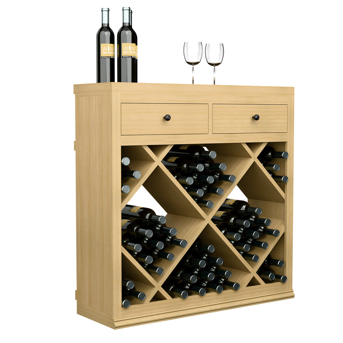 Half-height wine storage cabinet with drawers and diamond bottle slots, natural wood, front view.