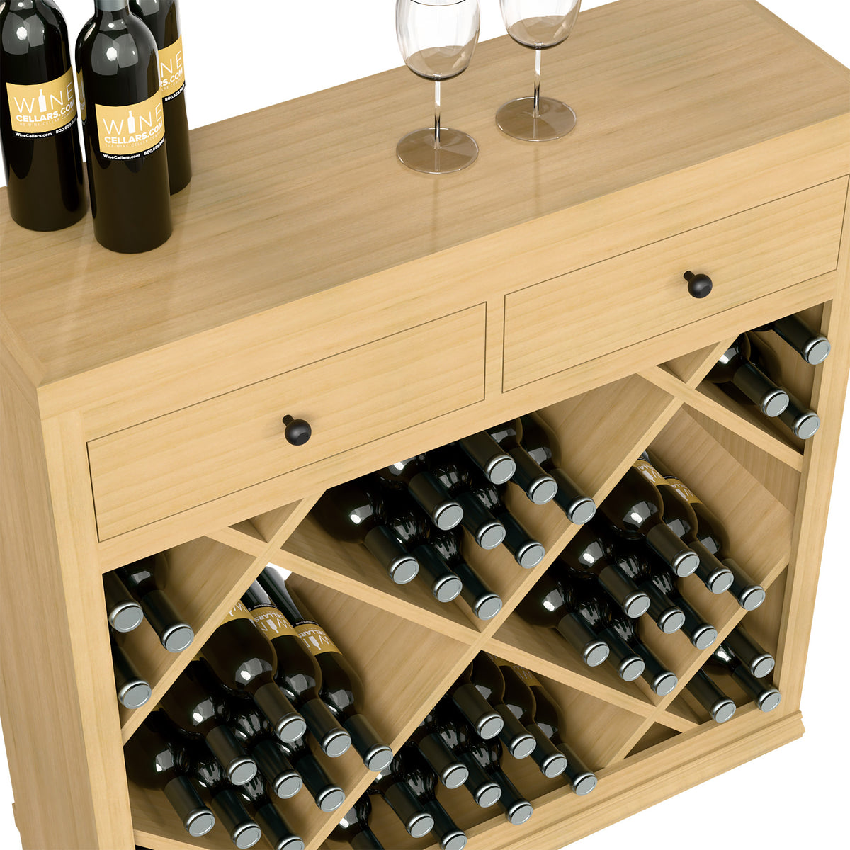 Close-up of natural wood wine cabinet drawers and diamond bottle rack with bottles.