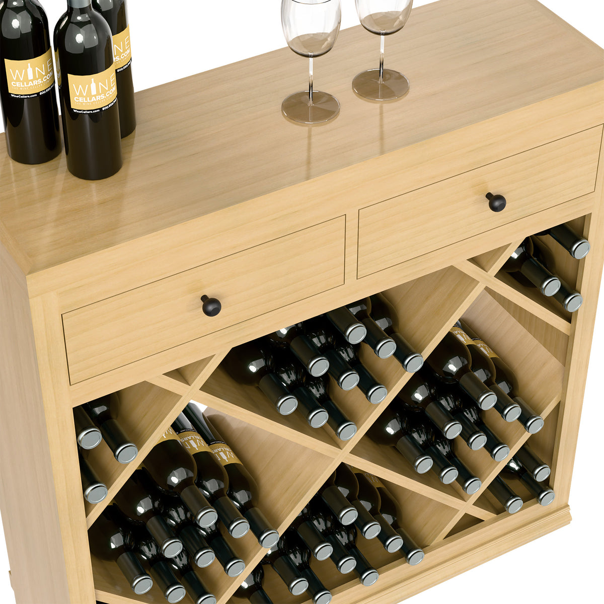Half-height wine cabinet drawer front with diamond bottle racks and glass bottle storage