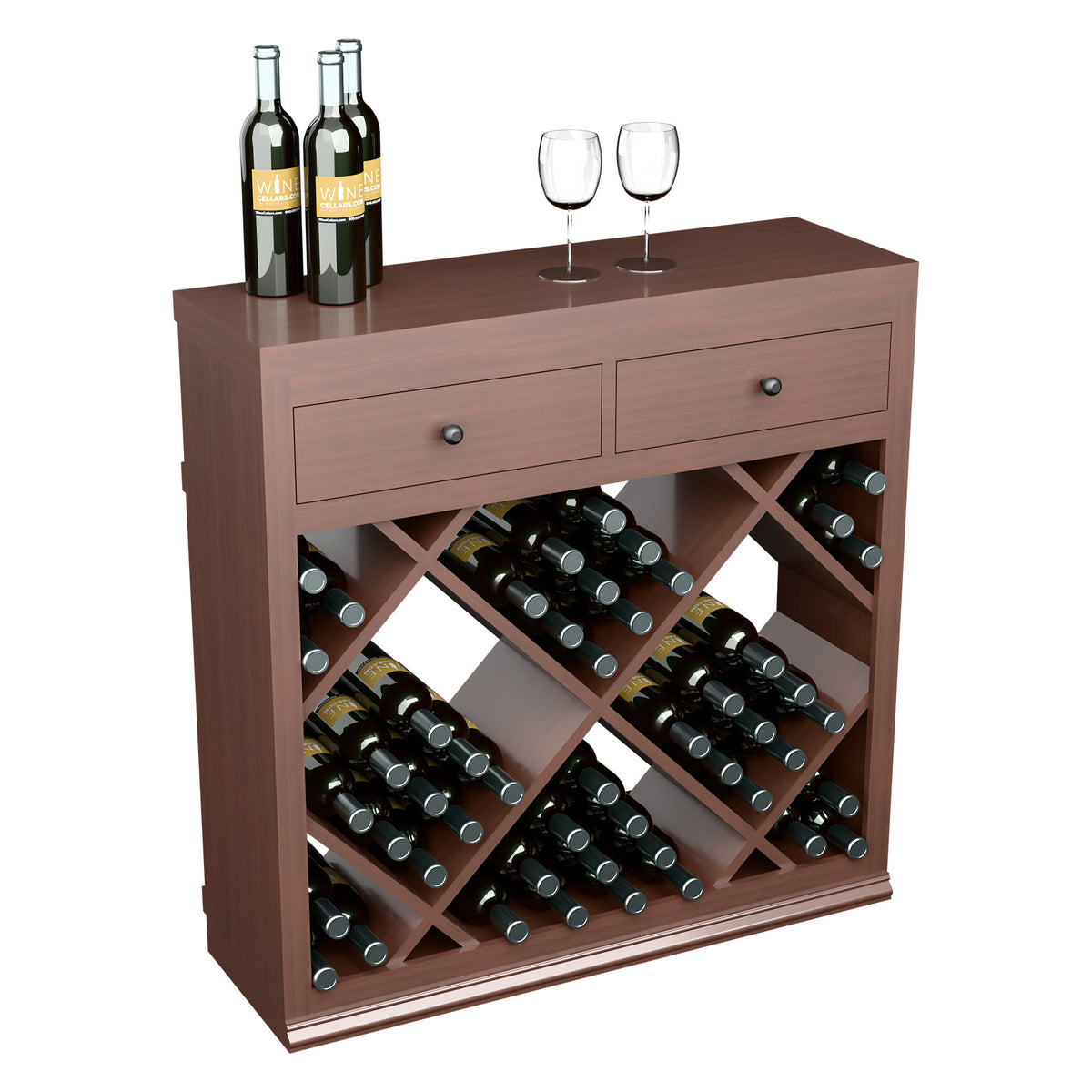 Half-height wine cabinet with drawers, dark wood frame and diamond bottle cradles
