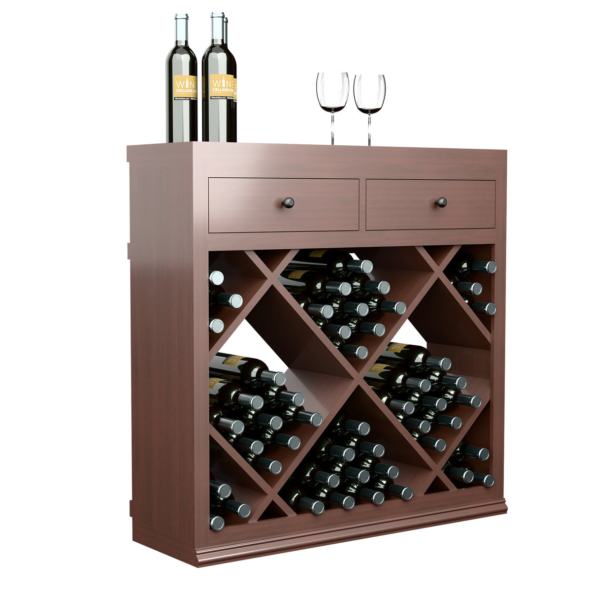 Half-height wine storage cabinet with drawers and diamond bottle racks, dark stained wood