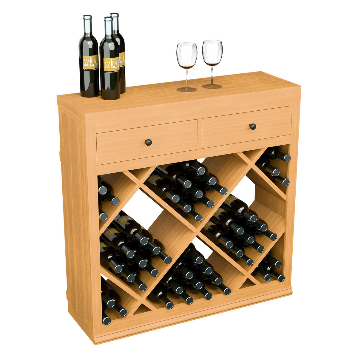 Half-height wine cabinet with drawers, light wood finish and diamond bottle cradles