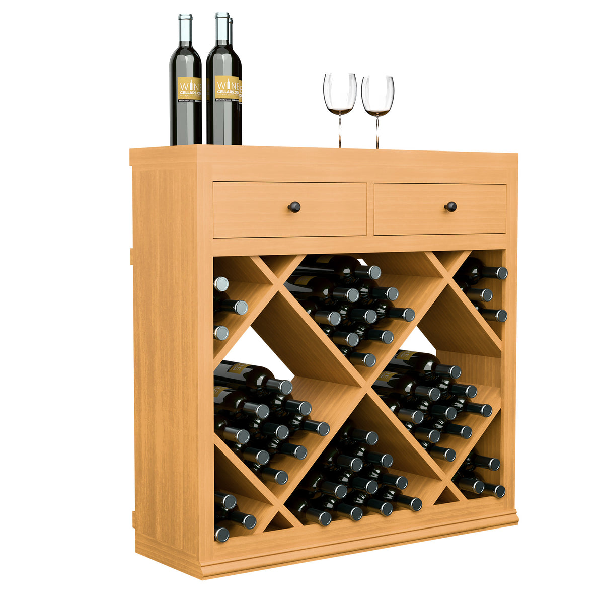 Half-height wine storage cabinet with two drawers, light wood frame and diamond bottle racks