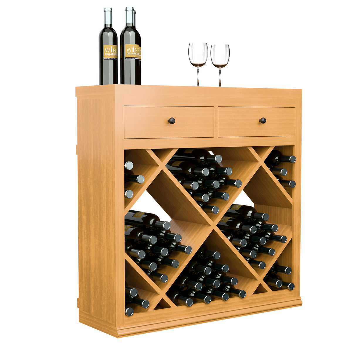 Wood wine rack cabinet with two top drawers and open X-shelf bottle storage