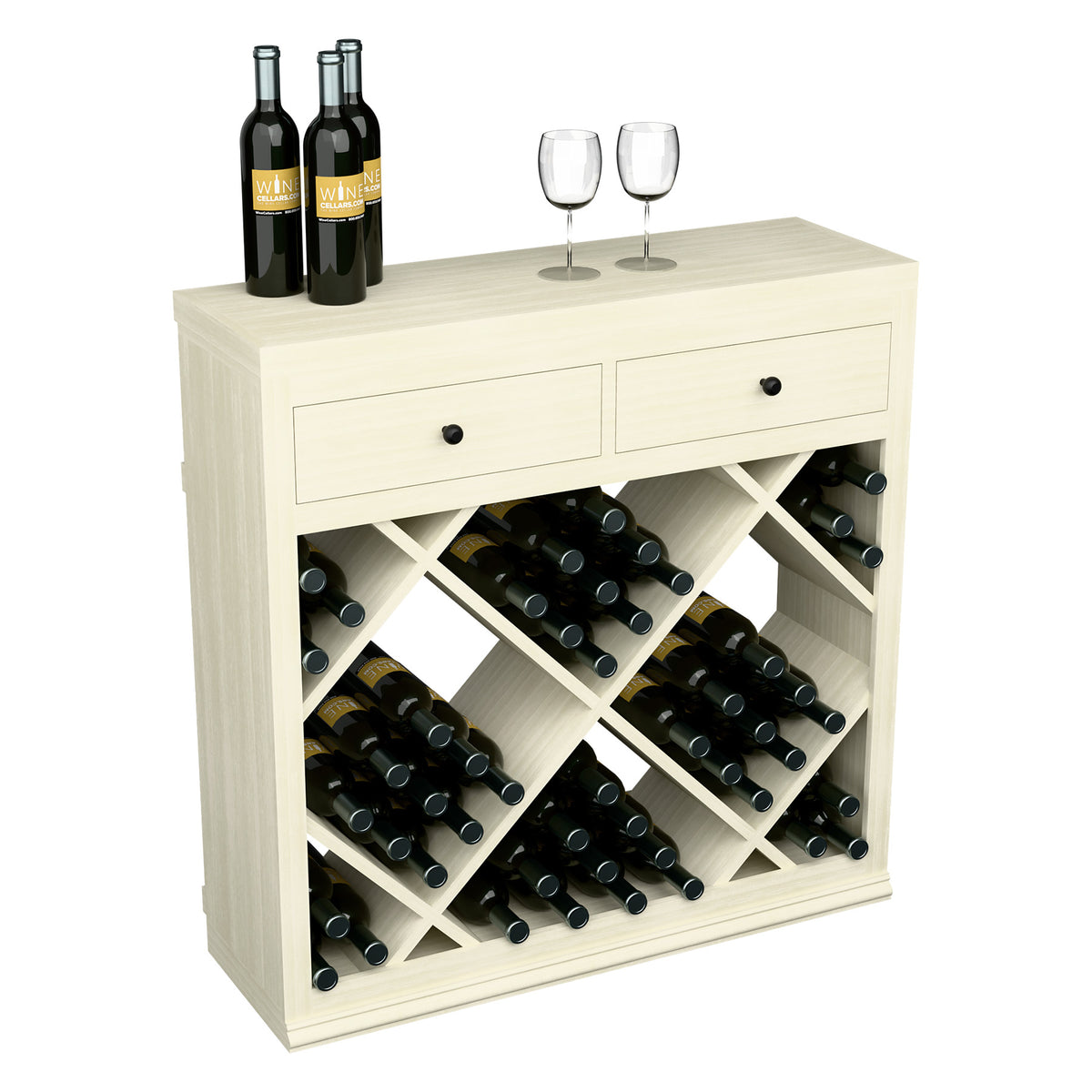 White half-height wine storage cabinet with two drawers and X-frame bottle rack