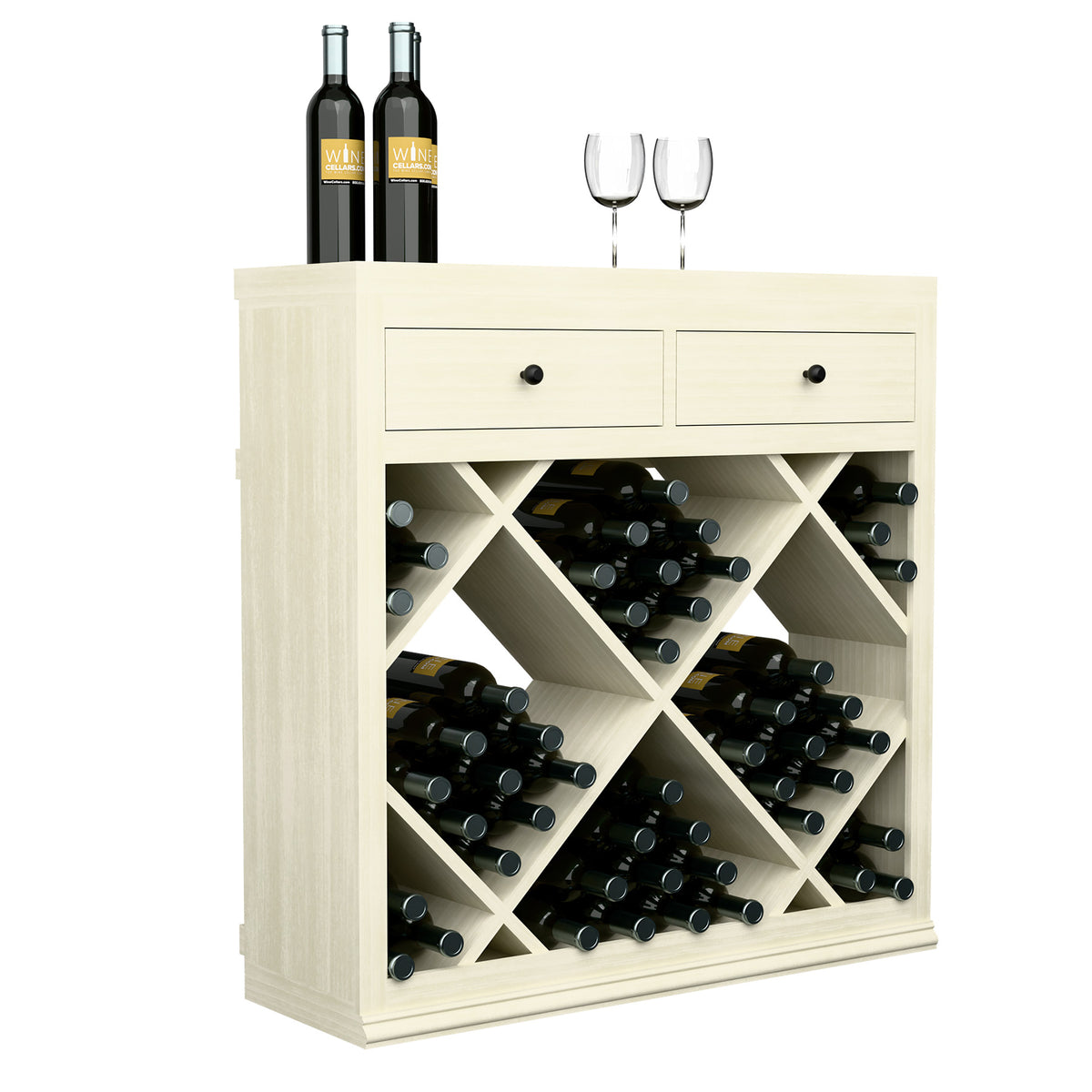 White wooden wine bin with drawers and diagonal X-frame bottle compartments