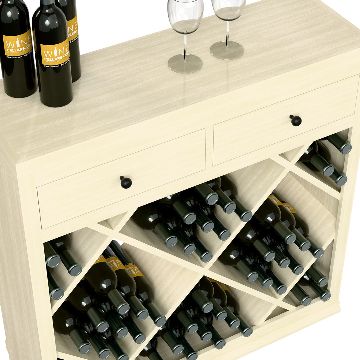 White half-height wine cabinet top drawers with open diagonal bottle storage