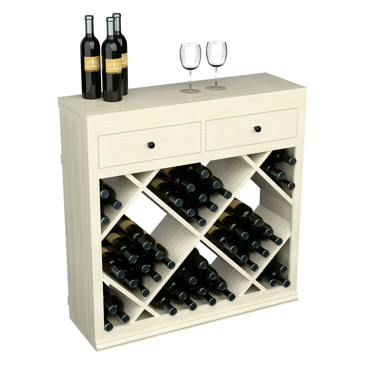 White half-height wine bar cabinet with two drawers and crisscross bottle slots