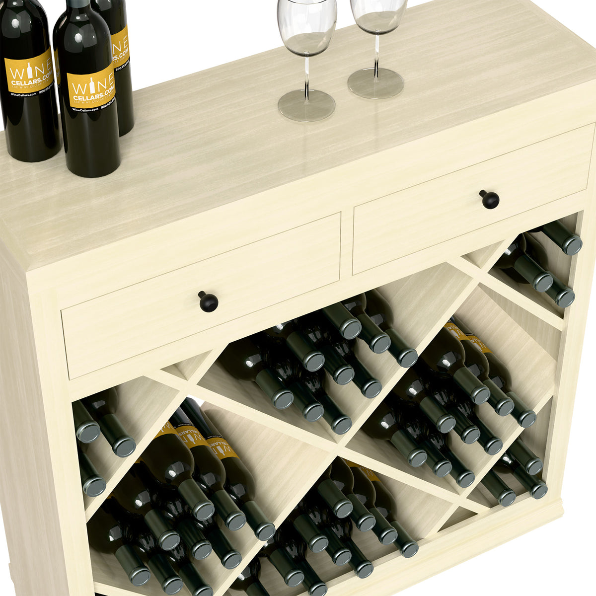 White half-height wine cabinet with two drawers and diagonal bottle holders