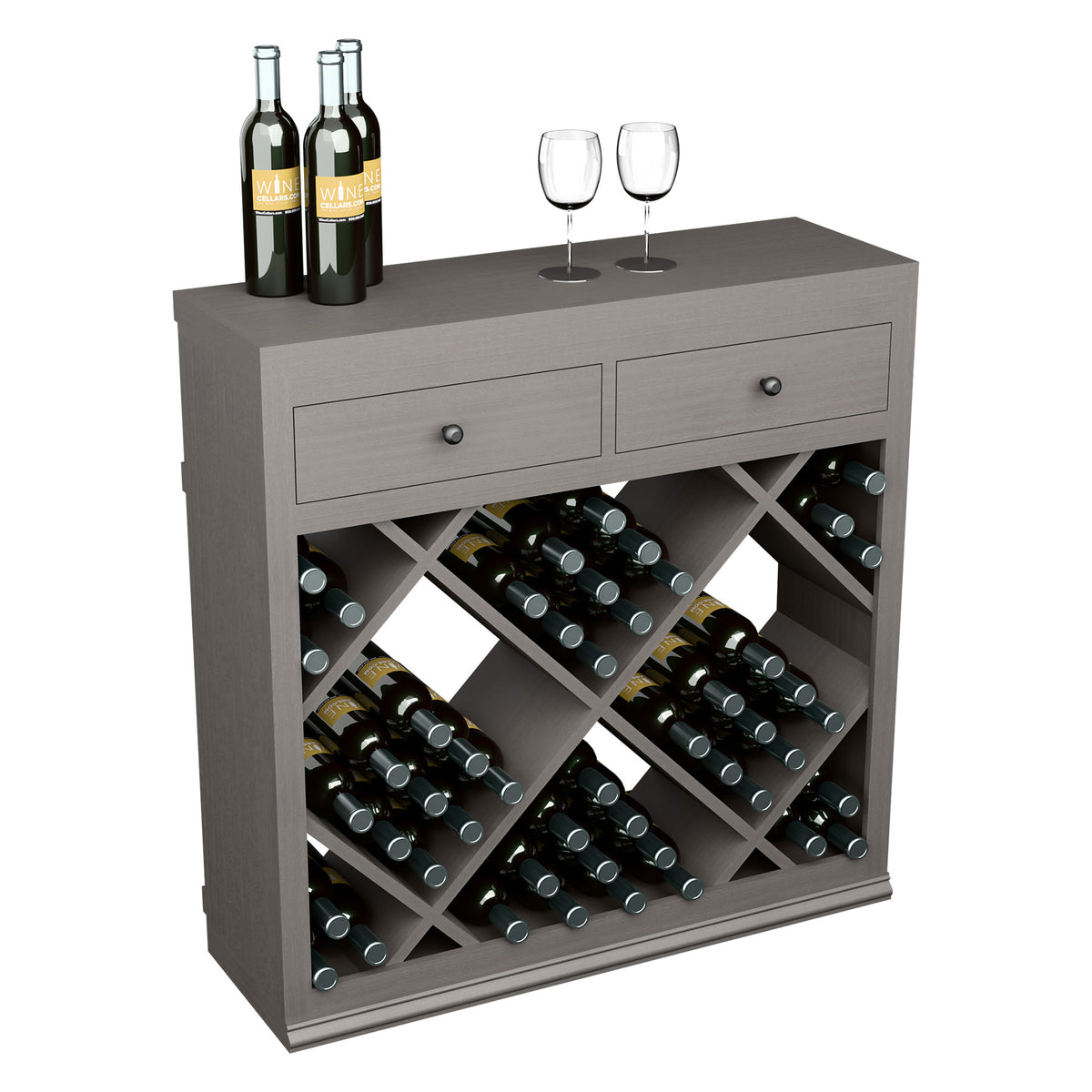 Gray wine cabinet with drawers and diamond wine rack holding bottles and glasses