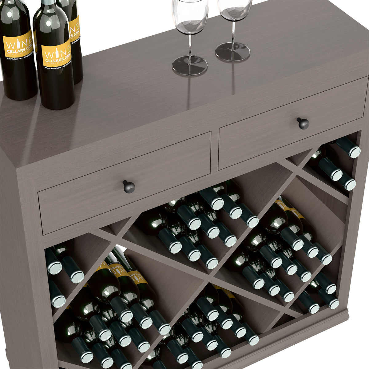 Gray wine cabinet drawer fronts and diamond wine rack with bottles and stemware