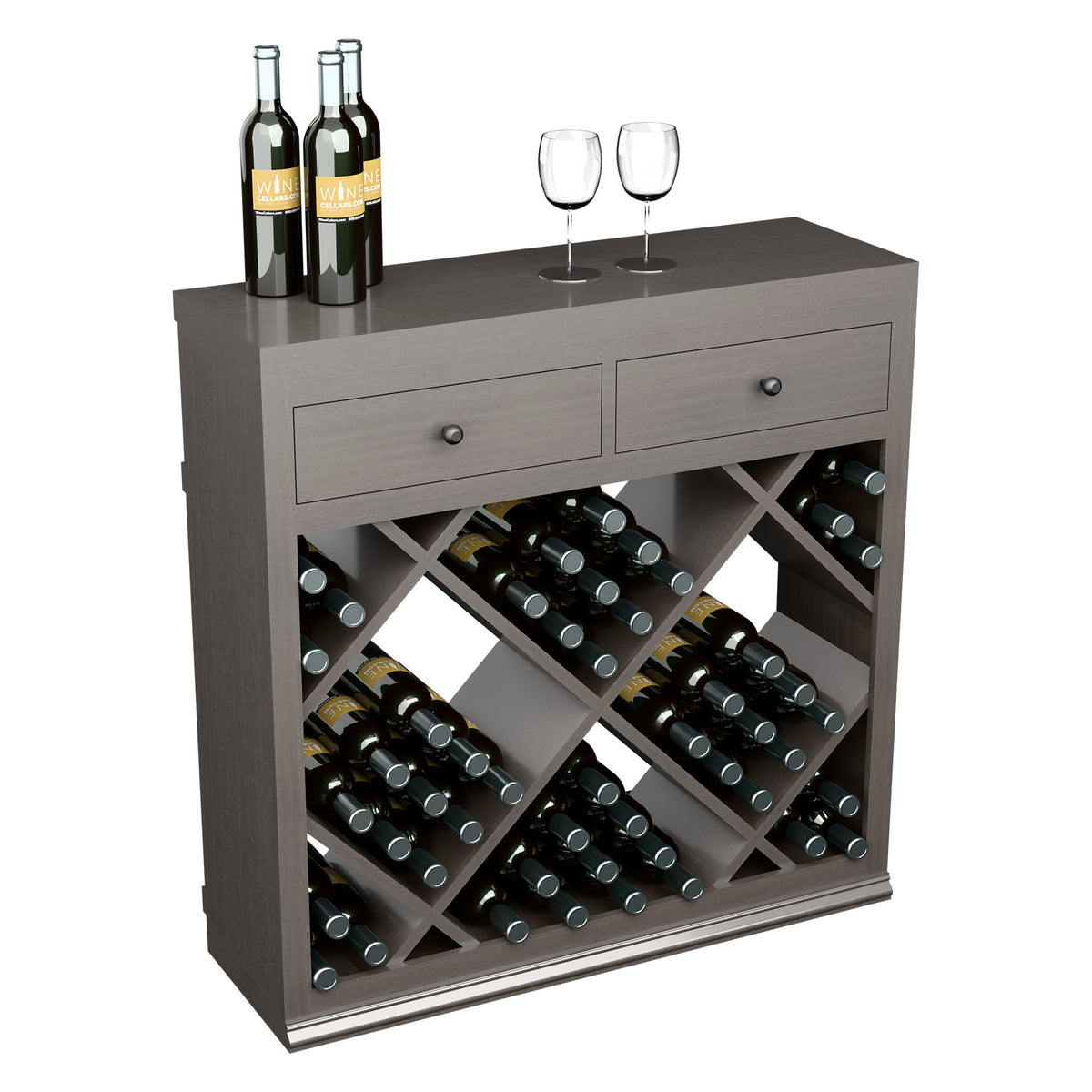 Gray wine cabinet with drawers, diamond wine rack, and bottles on top