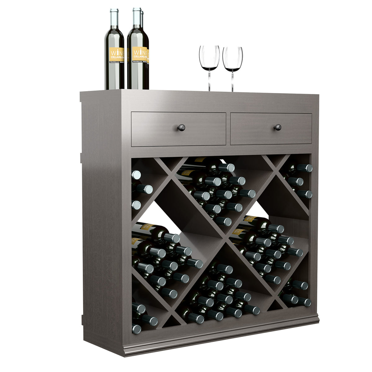 Gray wine cabinet with two drawers and diamond-pattern wine storage for bottles