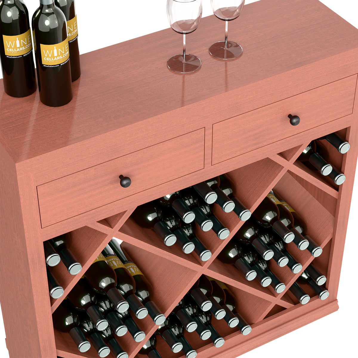 Red wine cabinet drawer fronts and diamond wine rack with bottles and stemware