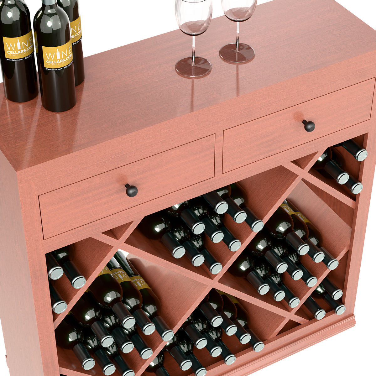 Wood wine cabinet drawers with X diamond bottle racks and capped wine bottles, close-up.