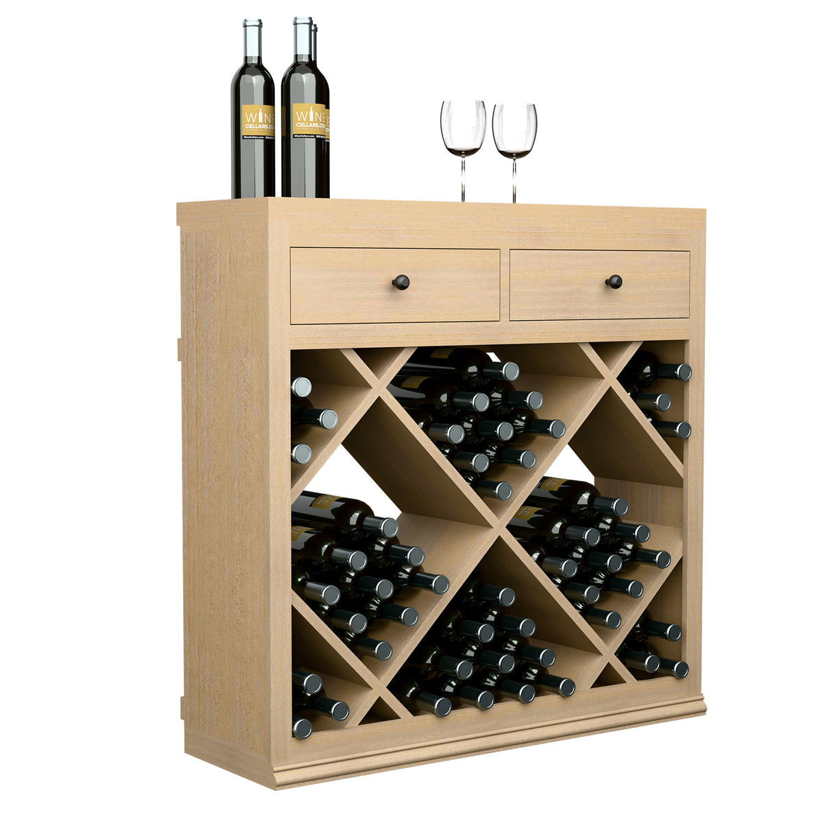 Half-height wine cabinet with two drawers and diamond lattice bottle rack, front view.