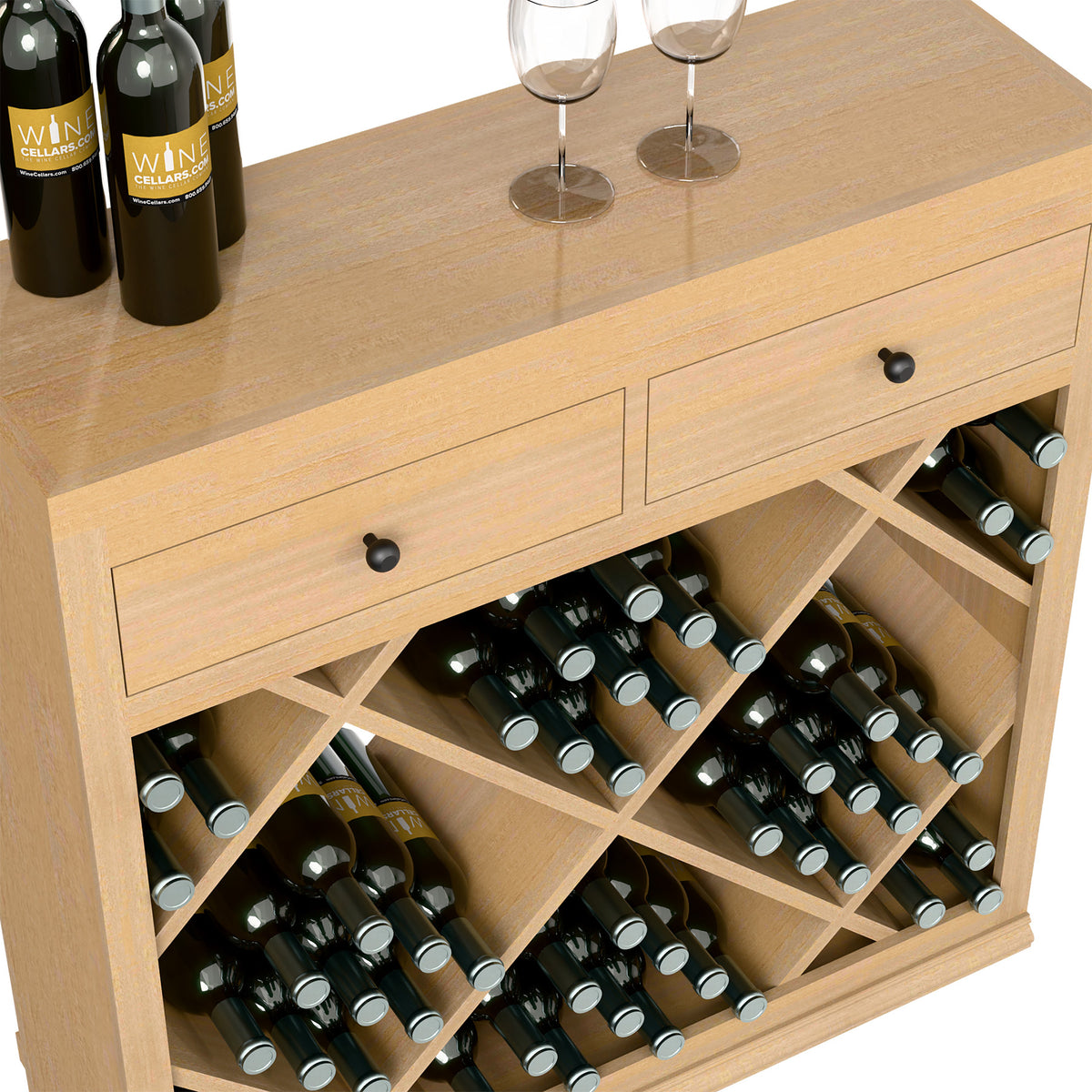Wine cabinet drawer front with dark wine bottles in diamond lattice bottle rack.