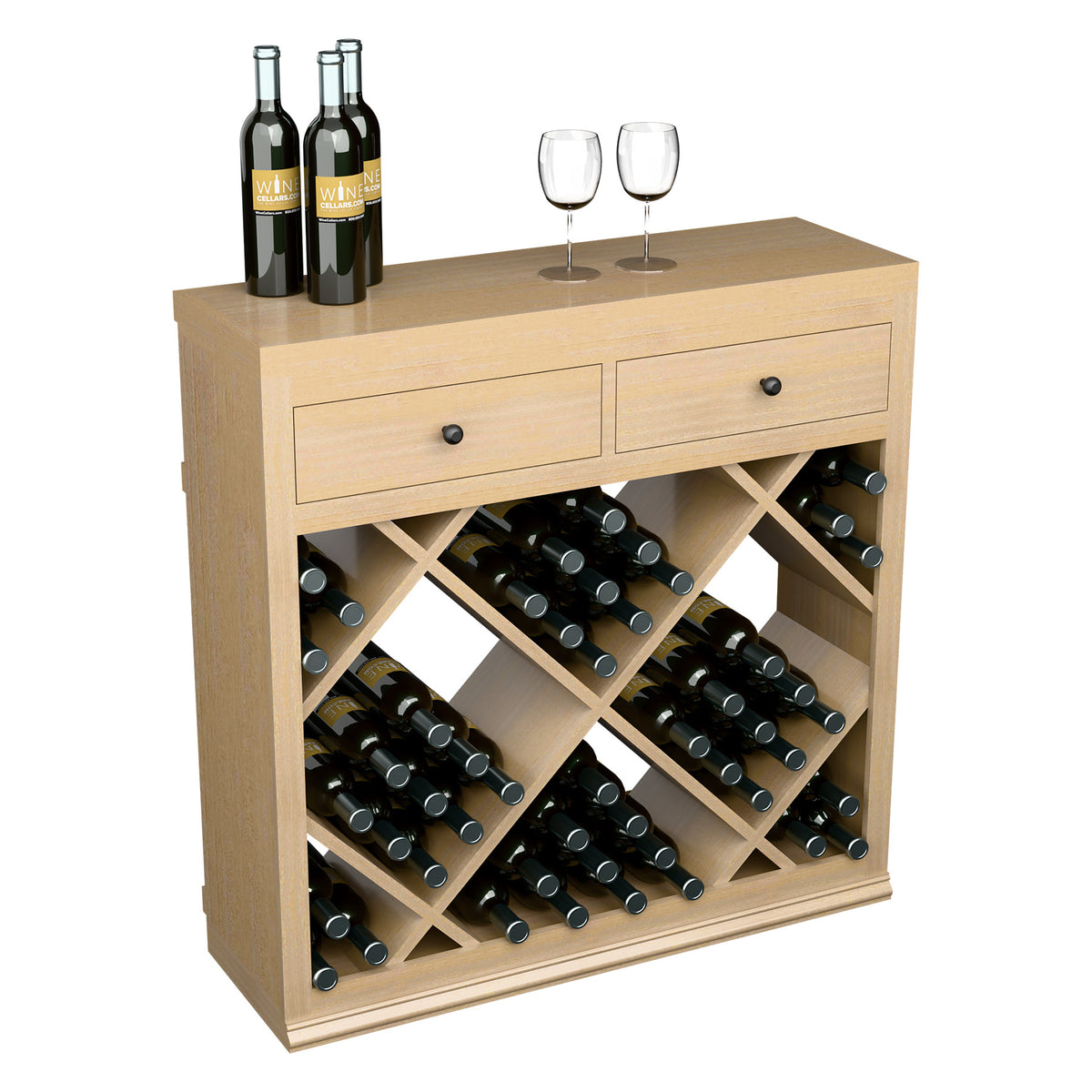 Light wood half-height wine cabinet with two drawers and diamond bottle storage, front.
