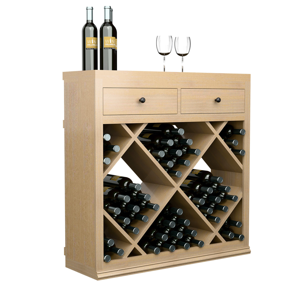 Light wood half-height wine cabinet with two drawers and diamond-pattern bottle cubbies.