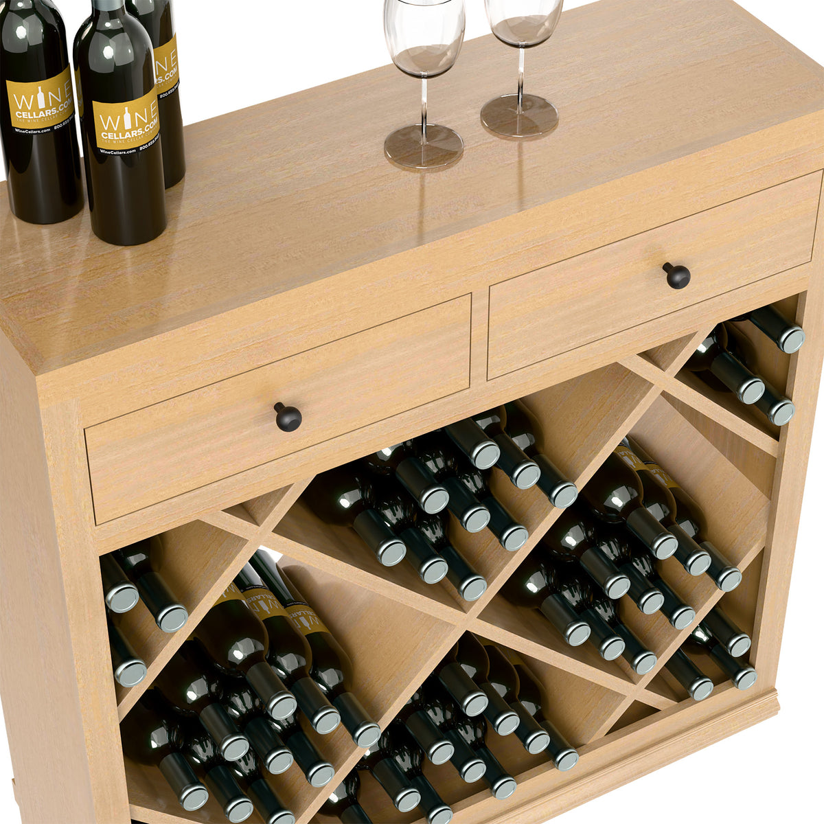 Light wood wine cabinet drawer and diamond bottle rack with dark wine bottles, close-up.