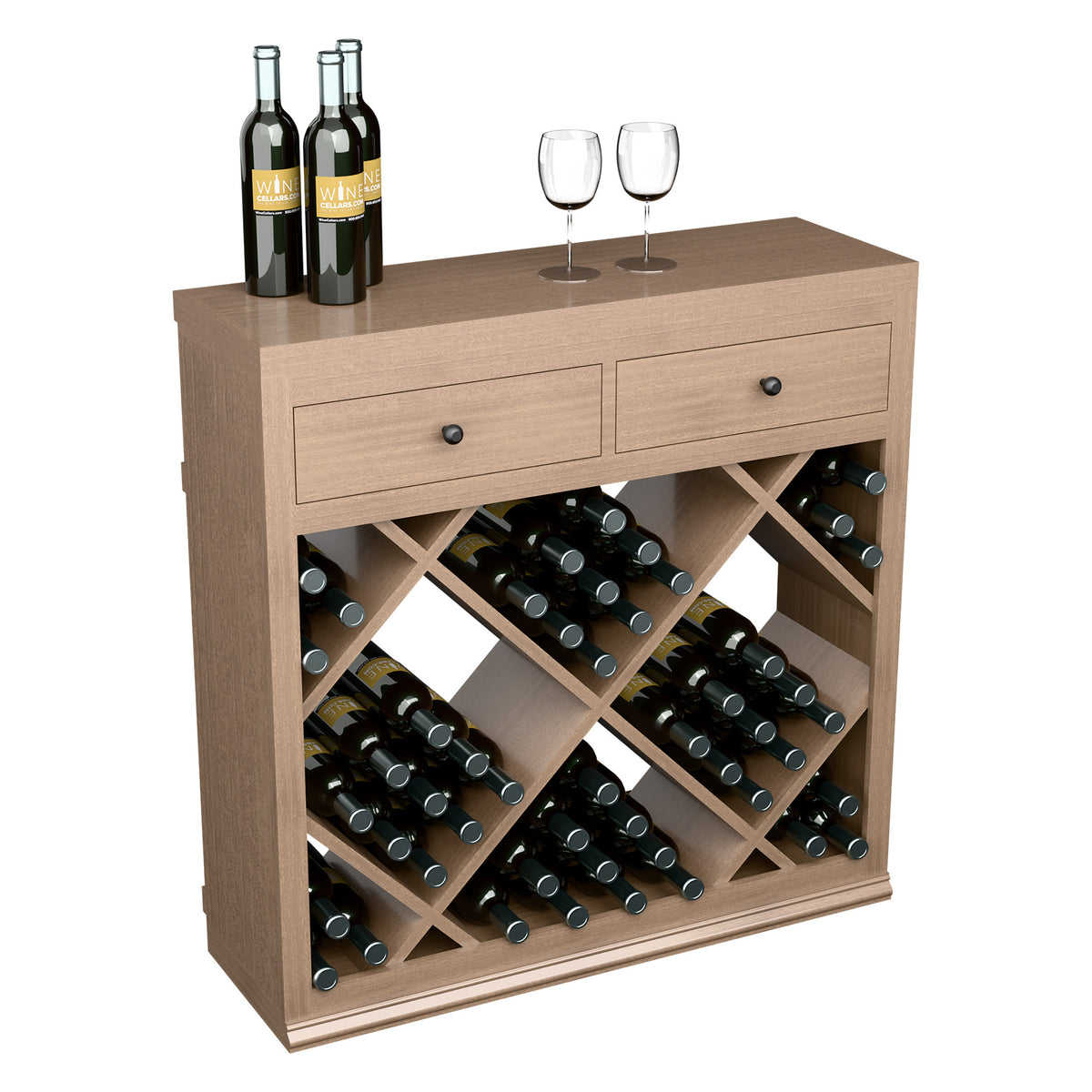 Half-height wine cabinet in wood with drawers and diagonal crisscross bottle holders