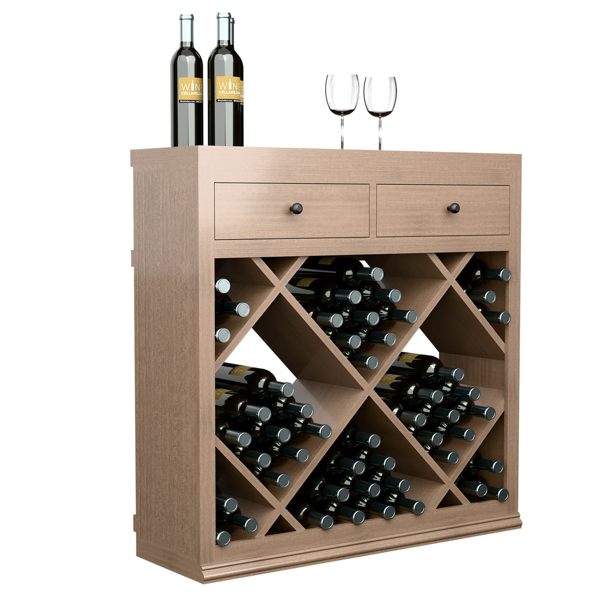 Wood wine cabinet with two drawers and diamond crisscross bottle racks, open front