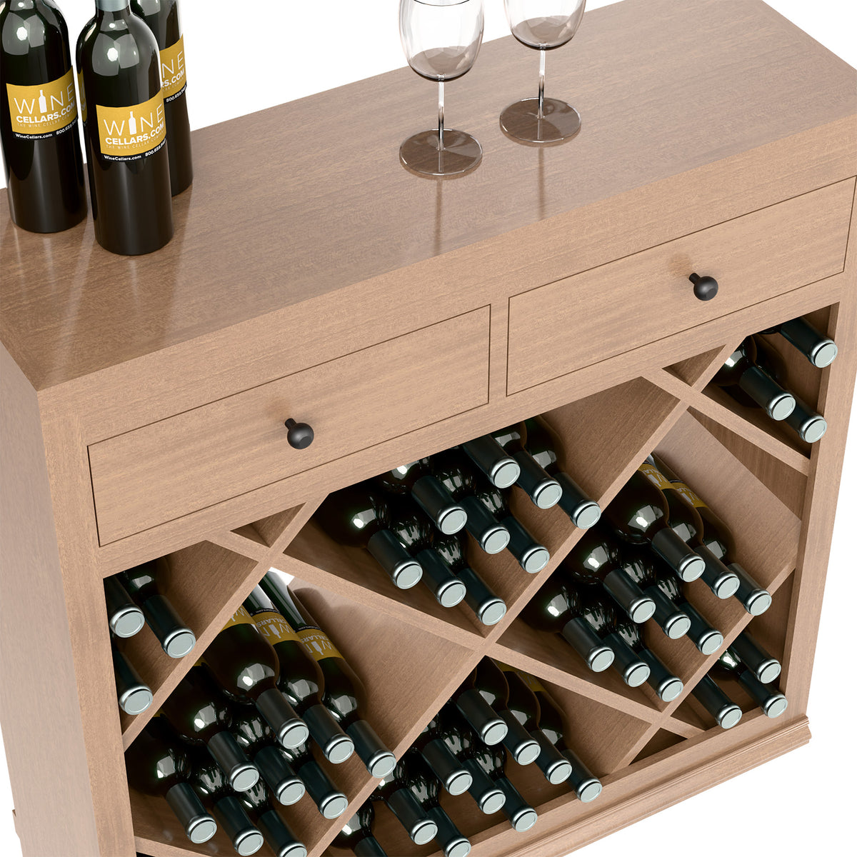 Wood wine cabinet drawer front with crisscross racks holding bottles