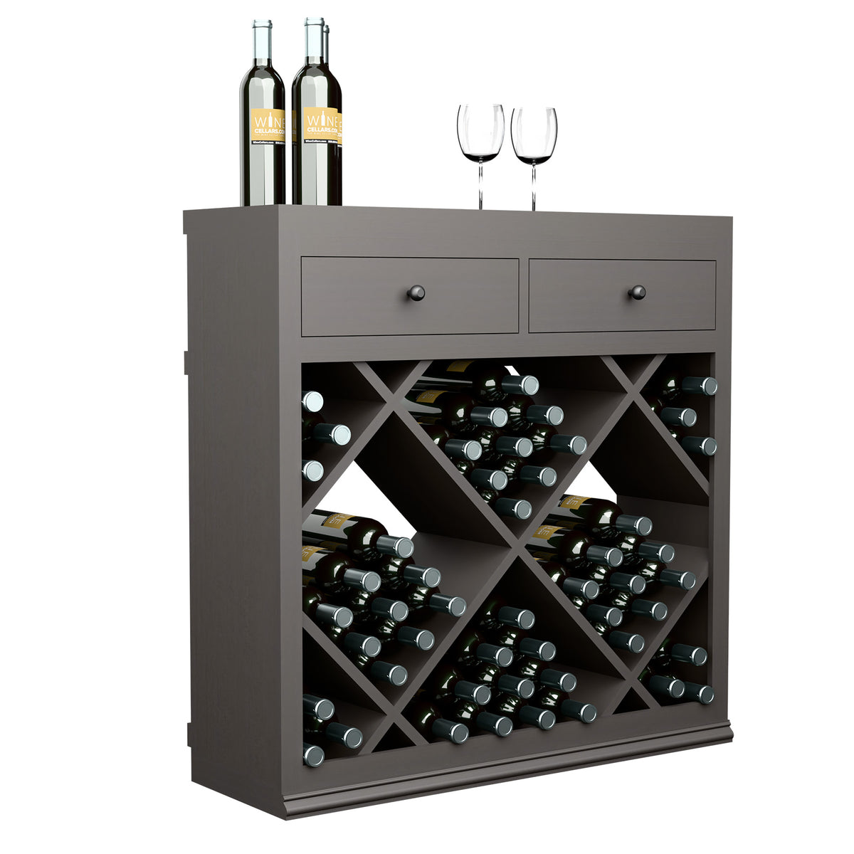 Dark wood wine cabinet with two drawers and diamond bottle racks, front view