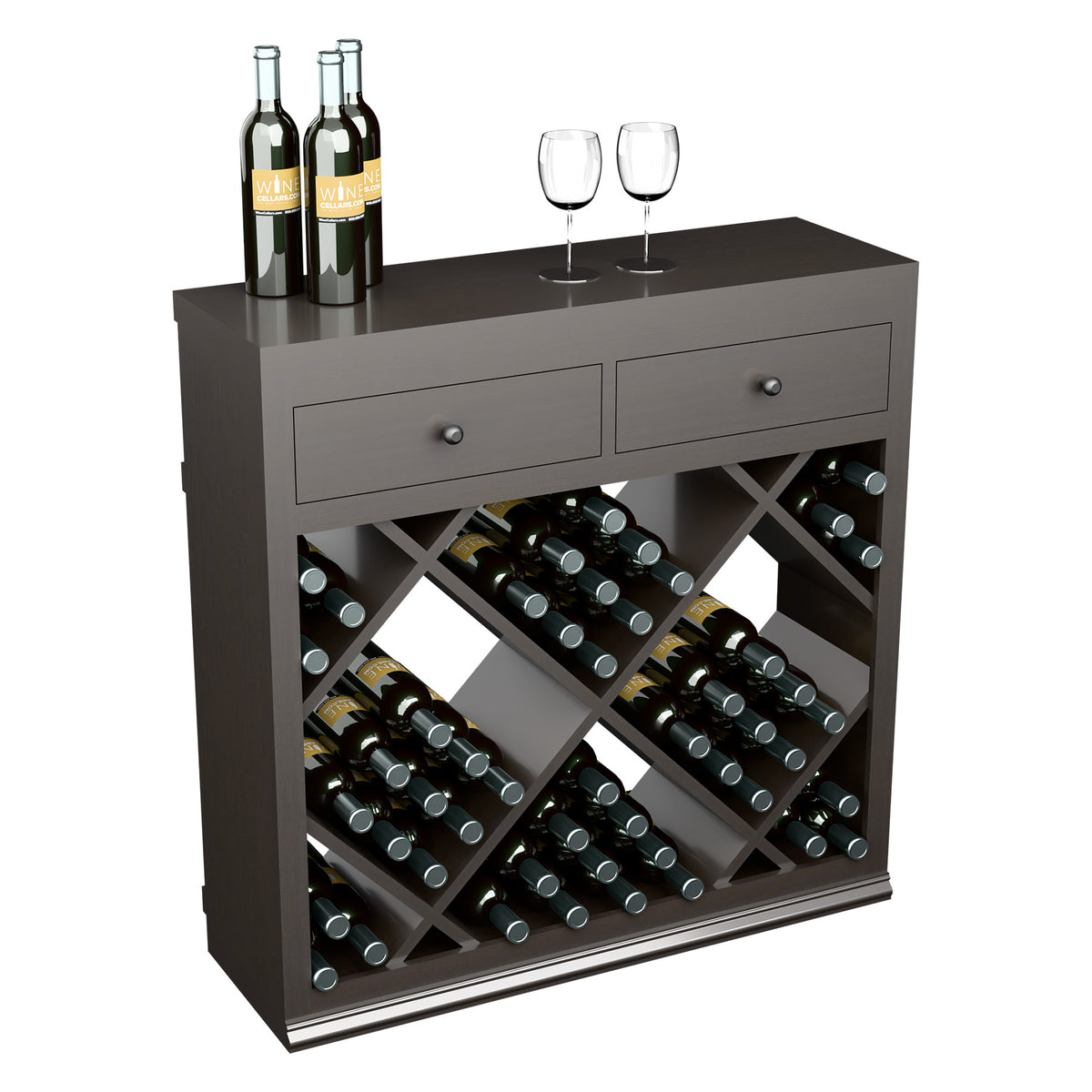 Gray wine cabinet with two drawers and crisscross bottle racks, half-height