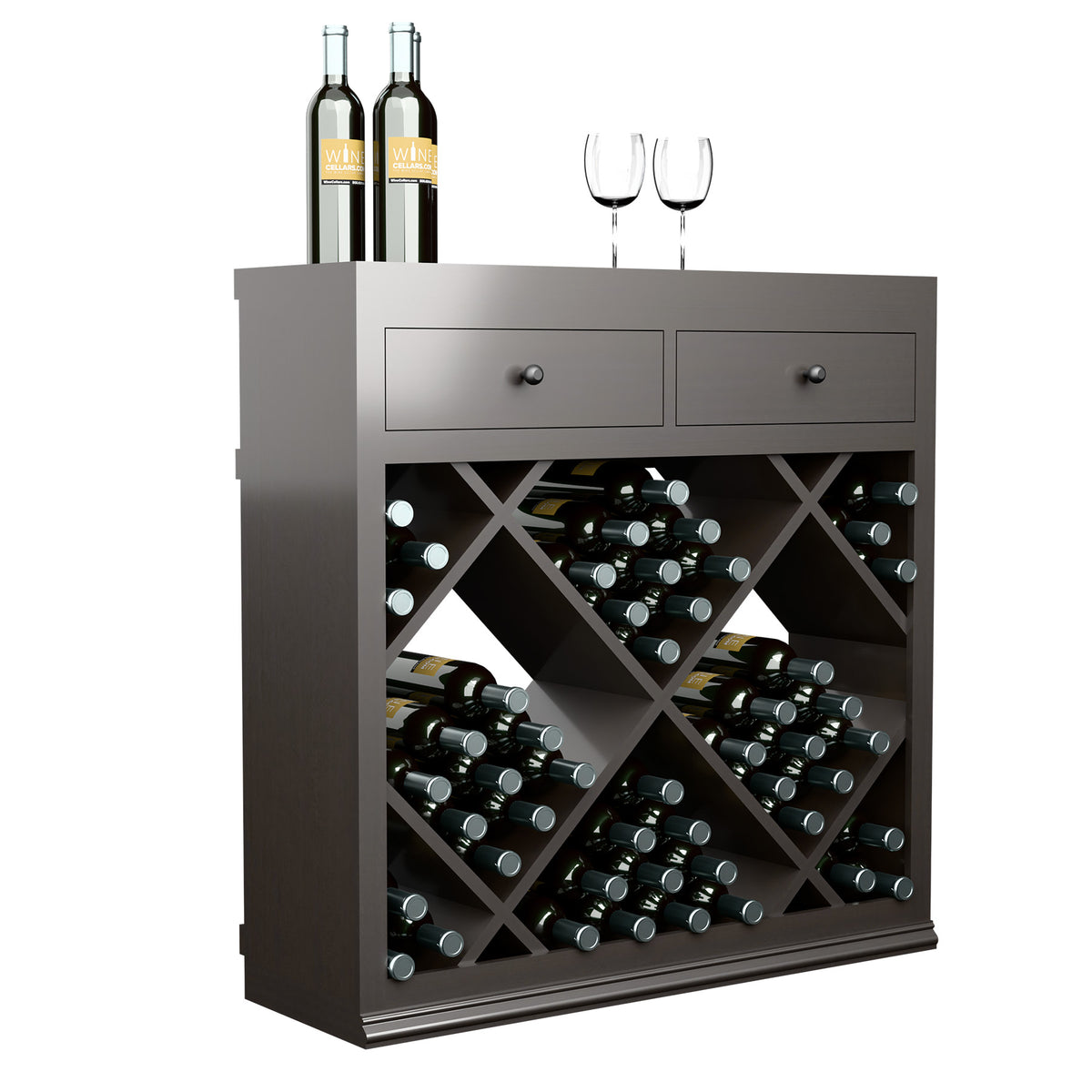 Gray wine cabinet with two drawers and diamond bottle racks, top bottles display