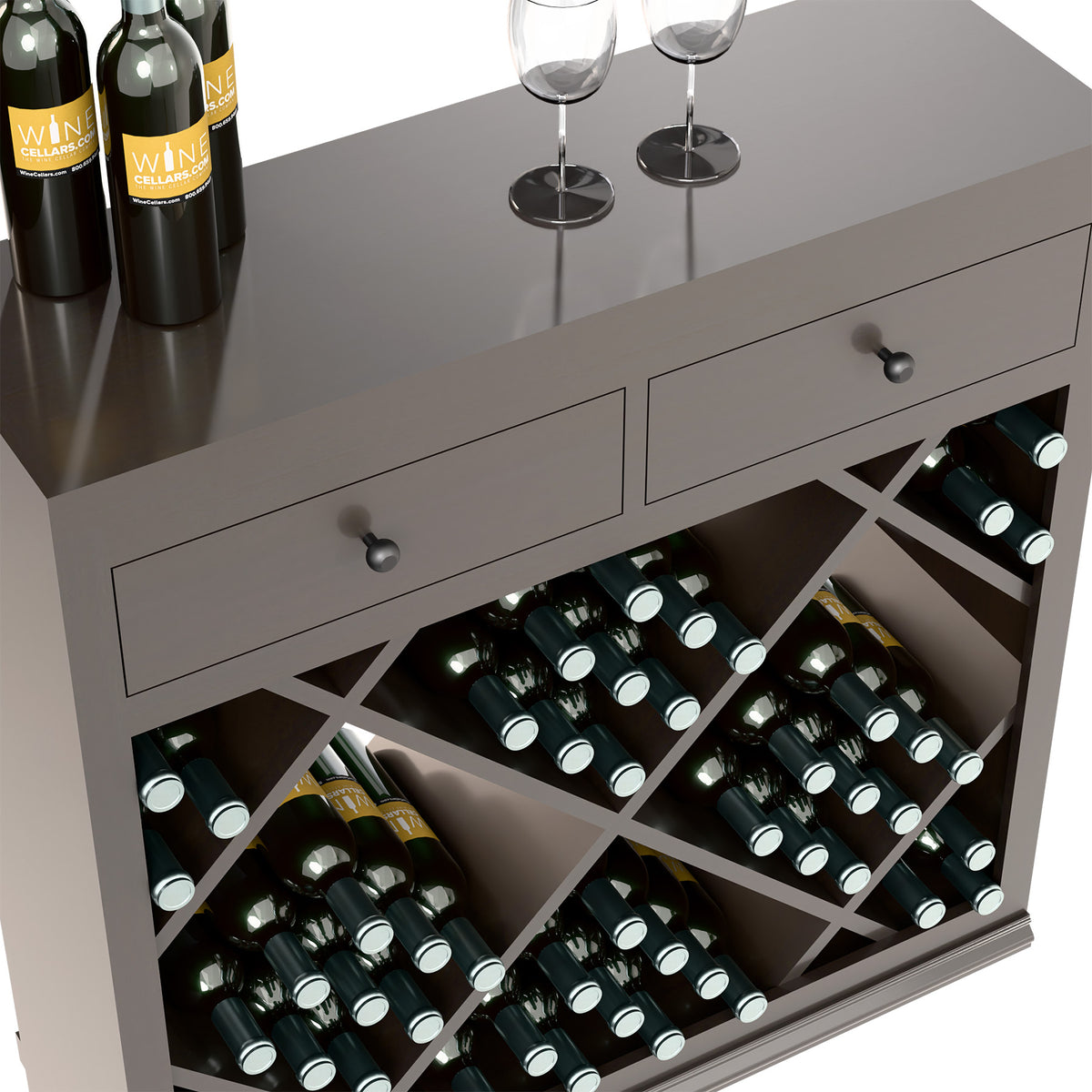 Gray wine cabinet drawer and crisscross bottle racks with wine bottles