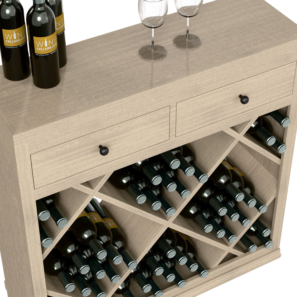 Close-up of half-height wine cabinet drawers and bottle slots in diamond grid