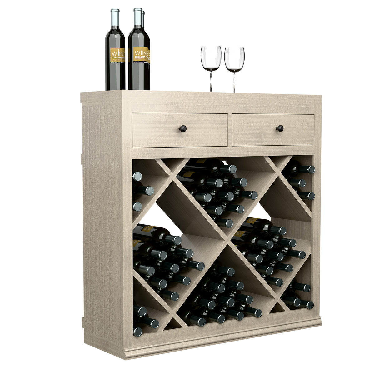 Half-height wine storage cabinet with two drawers and diagonal bottle rack