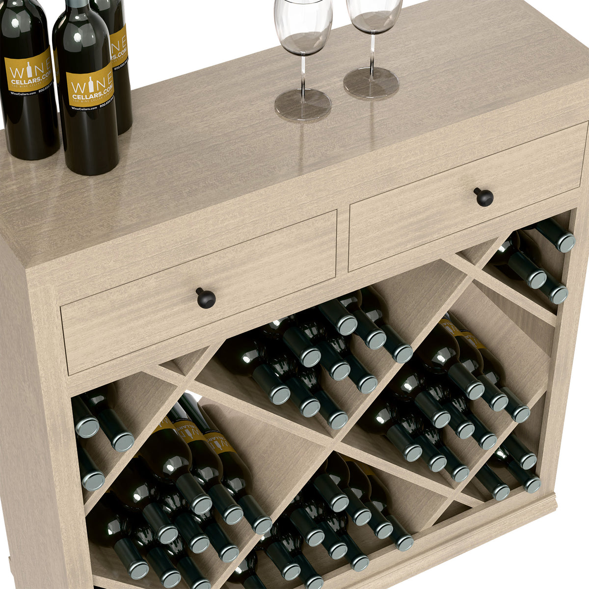 Close-up of wine cabinet drawers with bottle rack sections and diagonal dividers