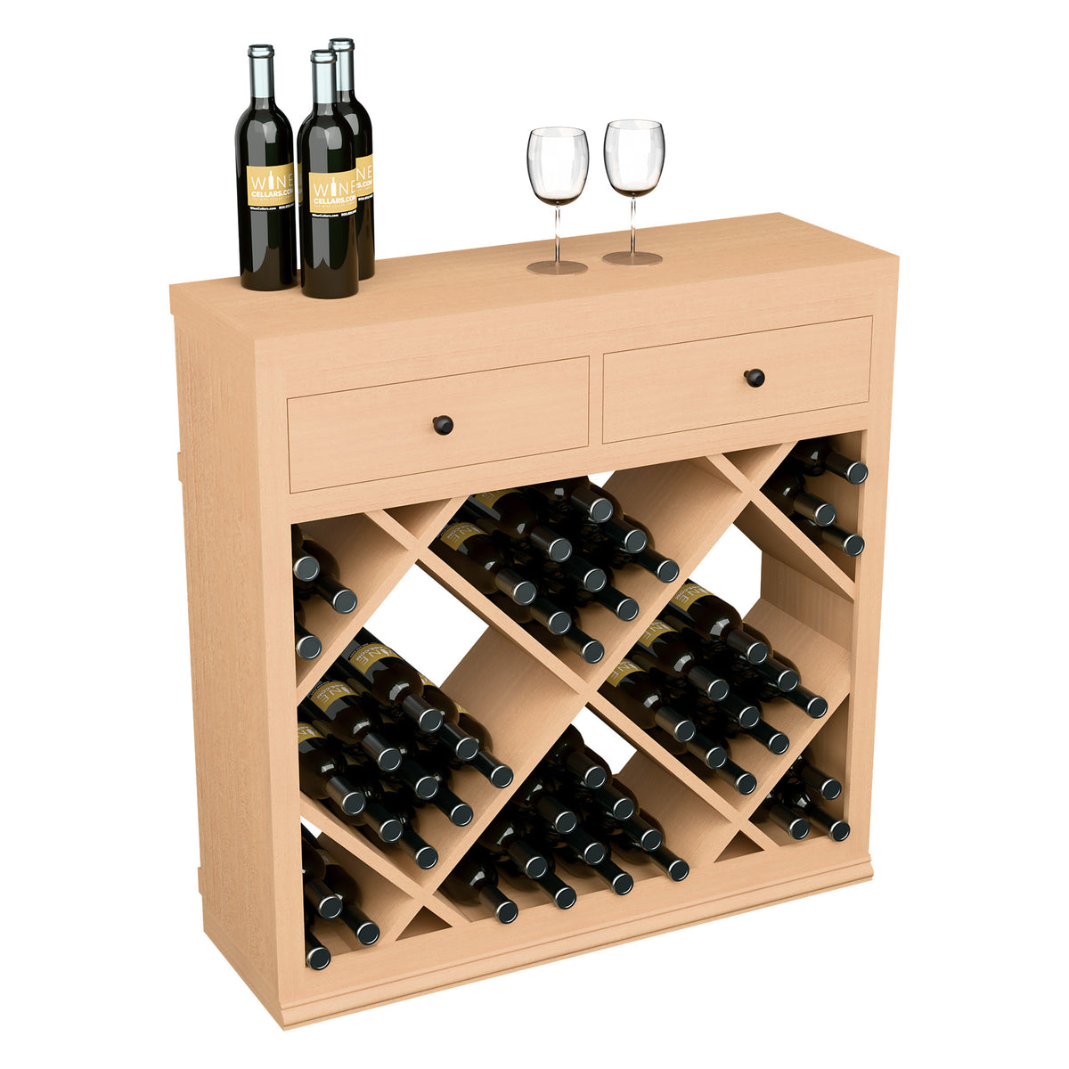 Half-height wine storage cabinet with drawers and diamond-pattern bottle storage