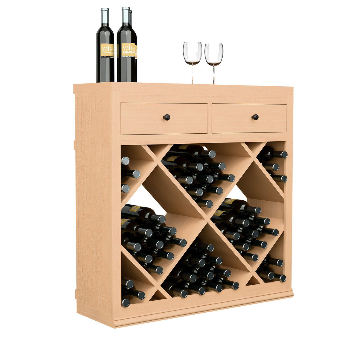 Half-height wine cabinet with two drawers and crisscross bottle rack shelves