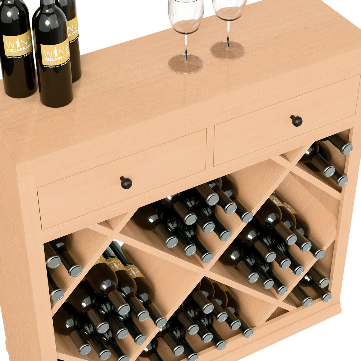 Close-up of half-height wine cabinet drawer fronts and bottle bottle-holder grid