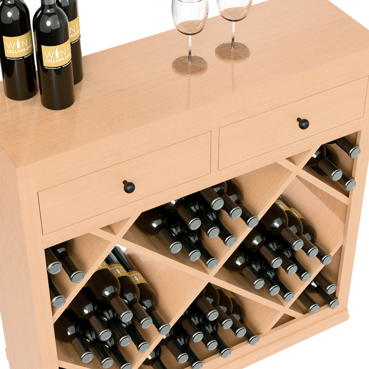 Light wood wine cabinet with two drawers; front shows diamond bottle slots and bottles.