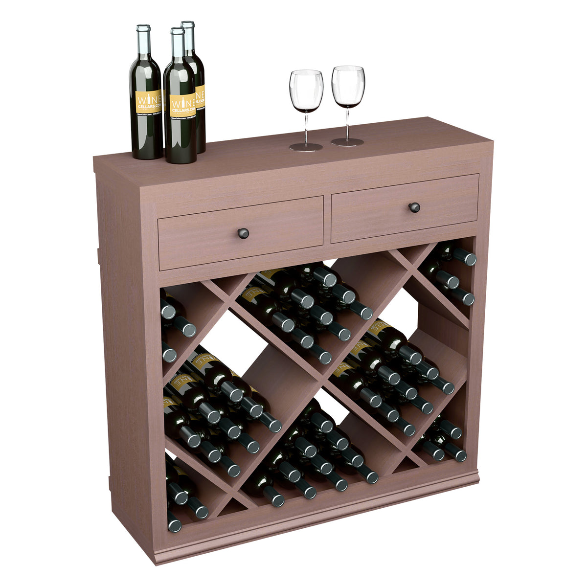 Dark wood wine storage cabinet with two drawers and diamond-pattern bottle racks.