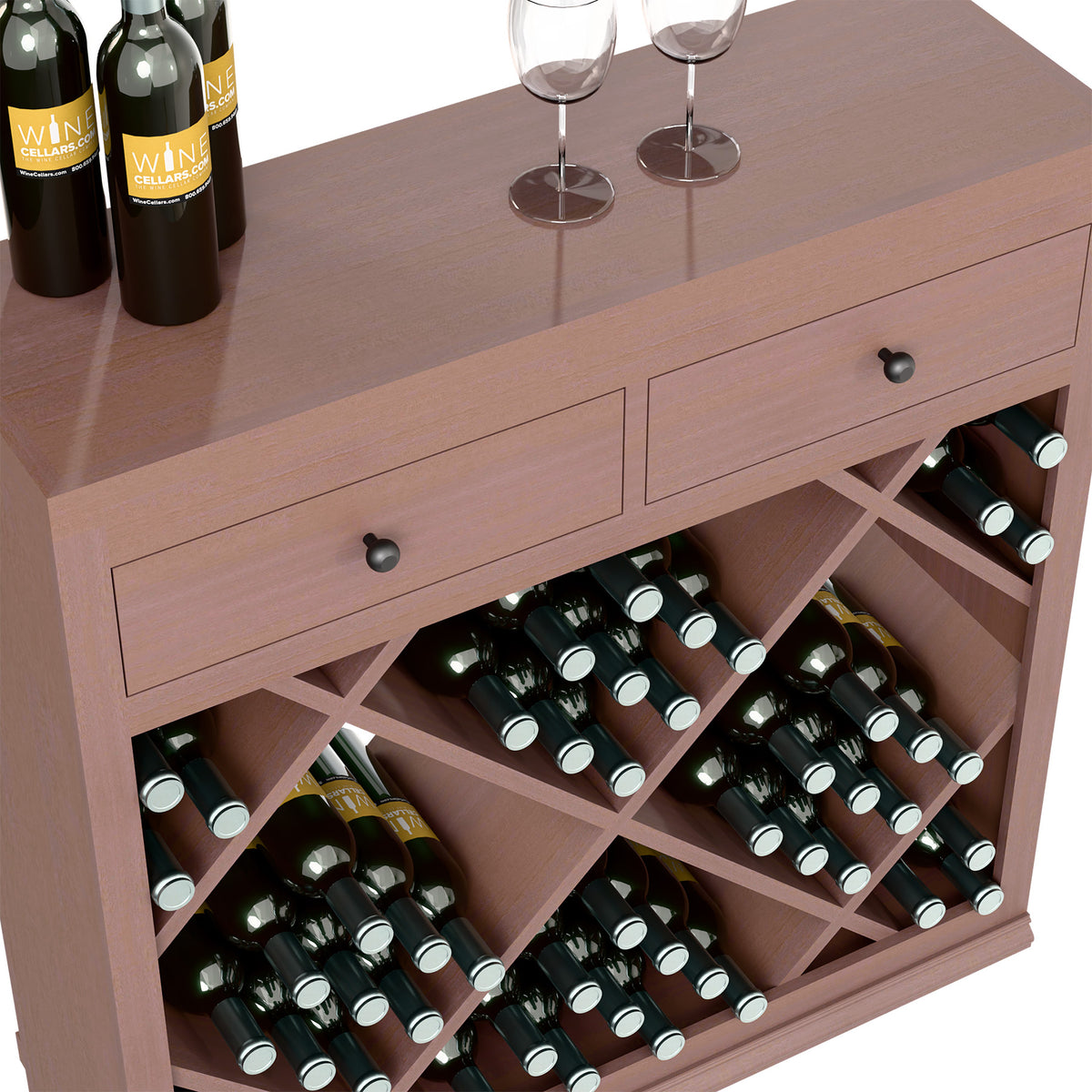 Dark wood wine cabinet close-up: two drawers and diamond bottle racks with bottles.