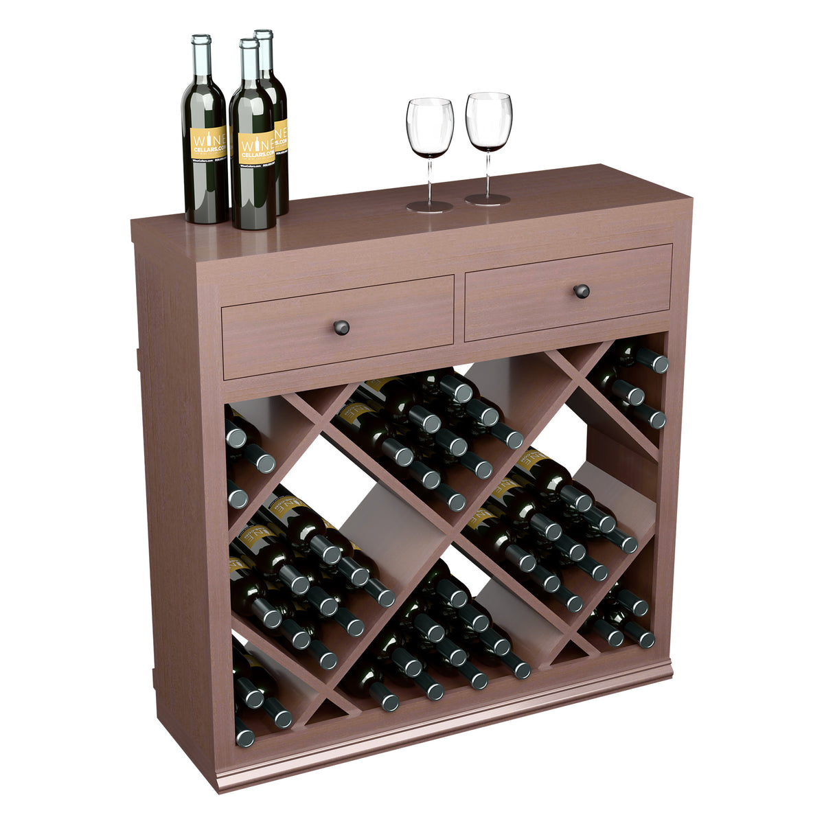 Dark wood wine storage cabinet with two drawers; diamond bottle racks hold multiple bottles.