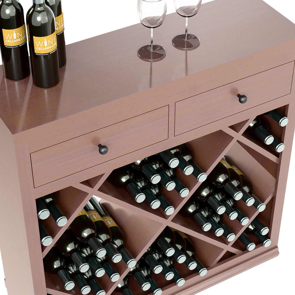 Dark wood wine cabinet close-up with two drawers and diamond bottle slots with bottles.