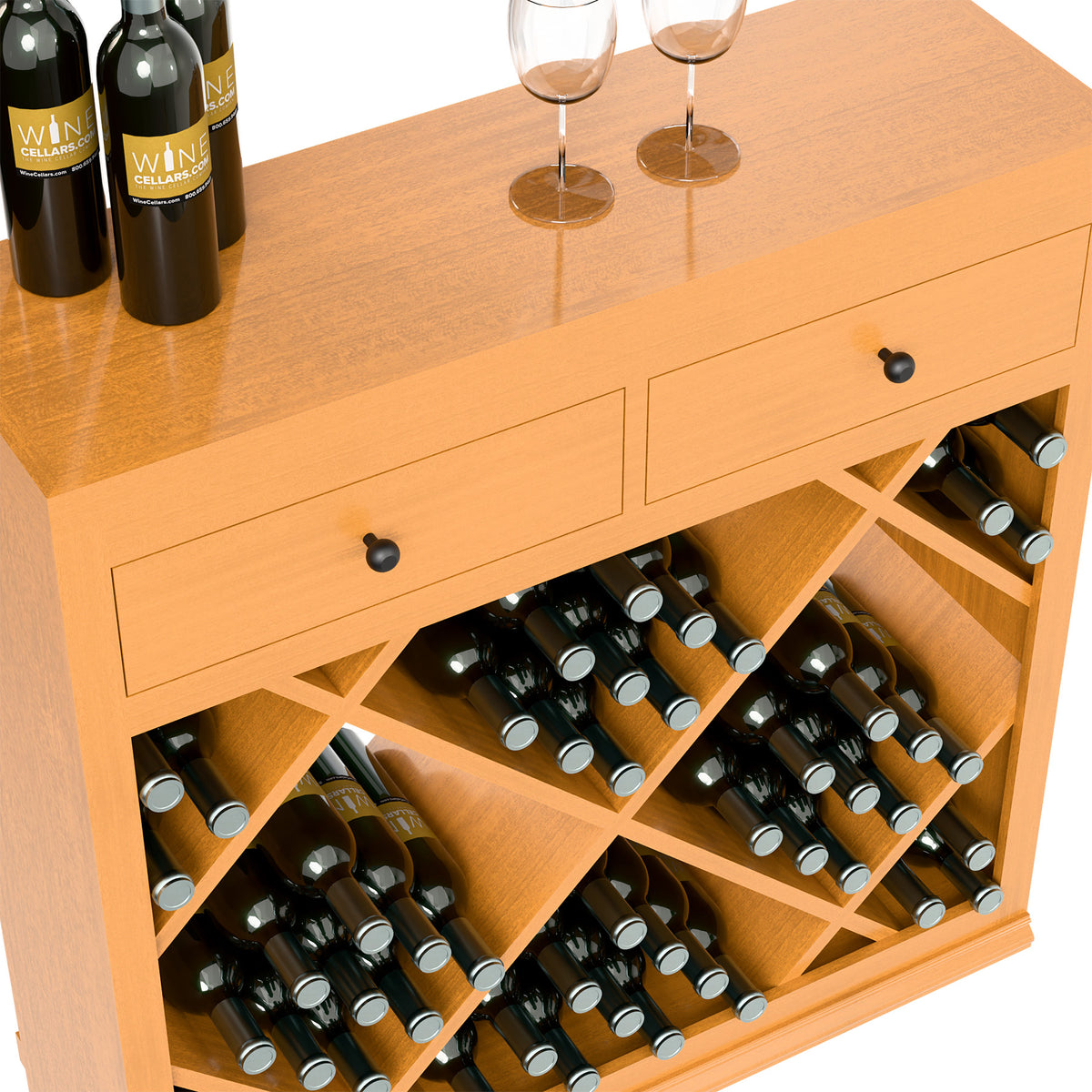 Light wood wine cabinet top drawer and diamond wine rack, bottles visible in cubbies