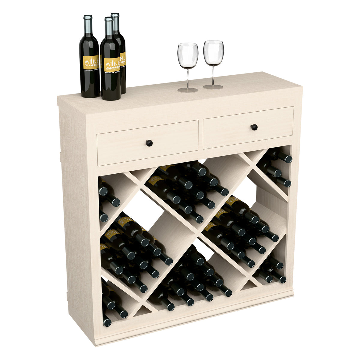 Whitewashed wine cabinet with two drawers, diamond-pattern bottle storage, front view