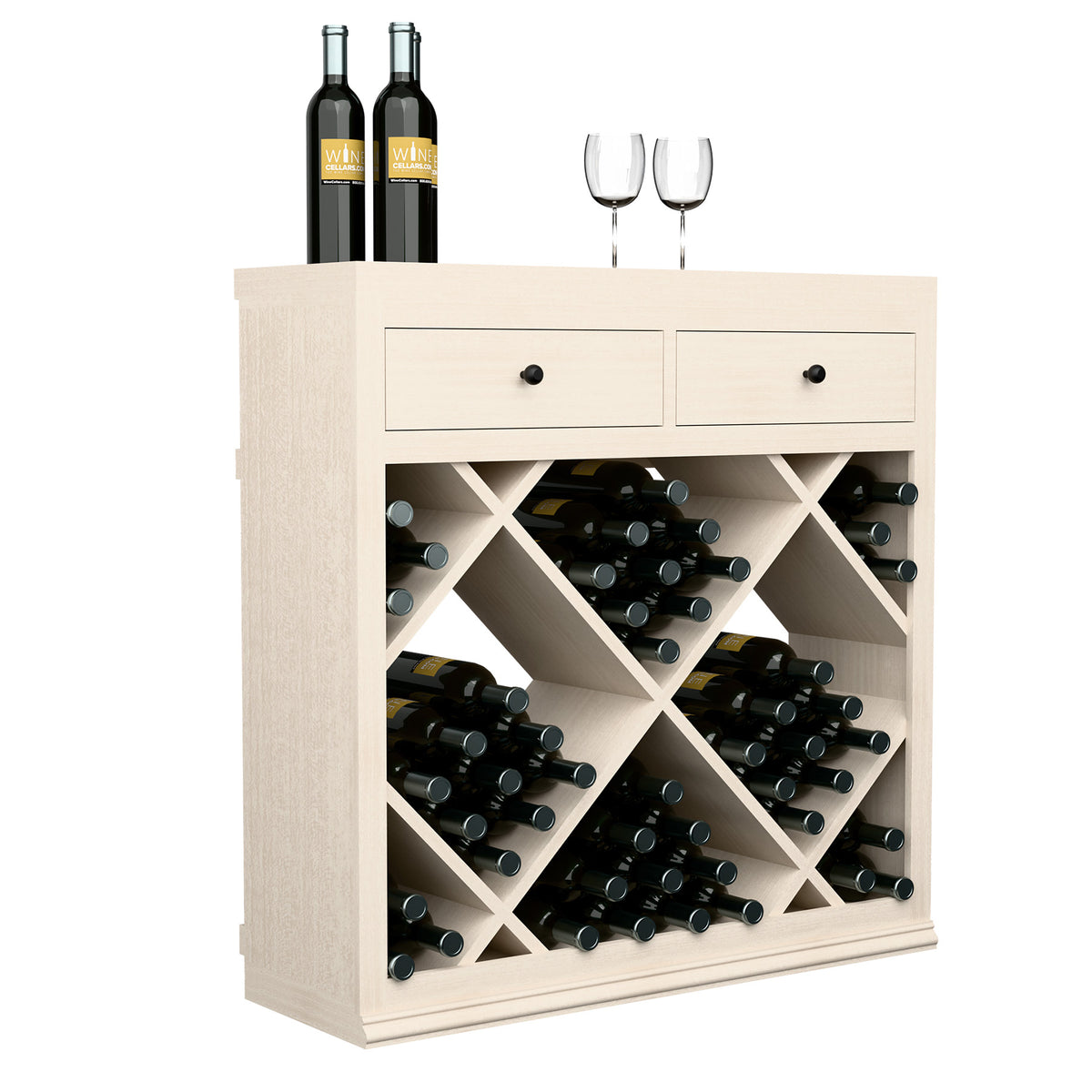 Whitewashed half-height wine cabinet with two drawers and diamond crisscross racks