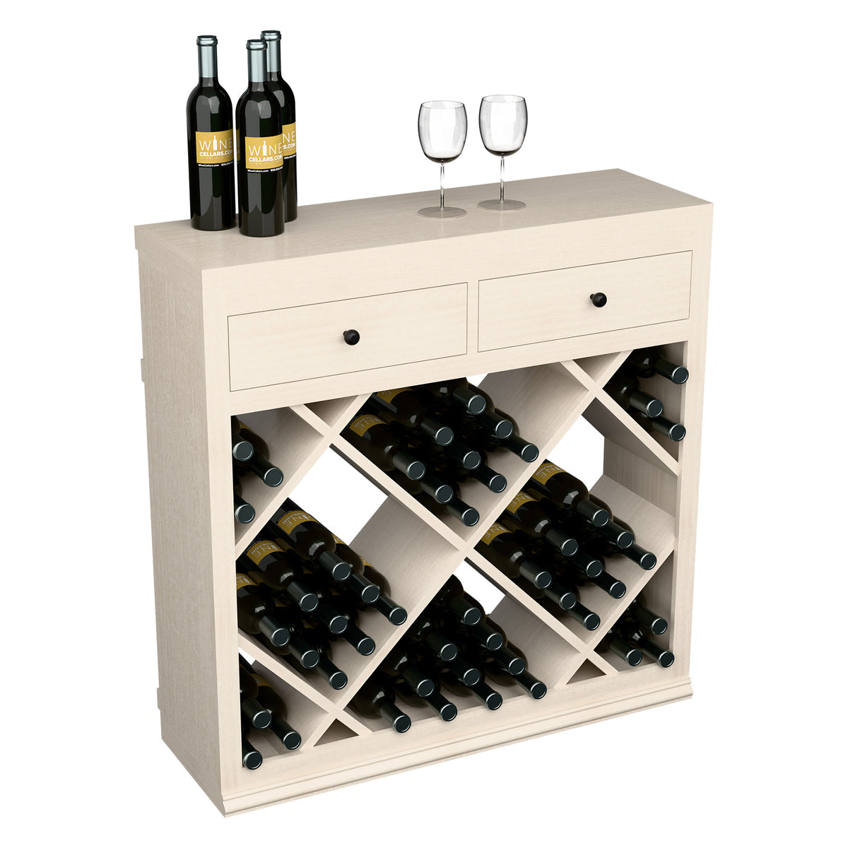 Whitewashed wine storage cabinet with two drawers and diamond lattice bottle racks, front view