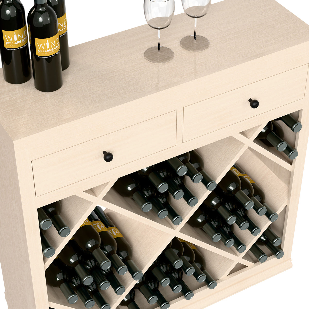 Light wood wine cabinet with drawers and diamond-pattern cubbies, bottles lined up